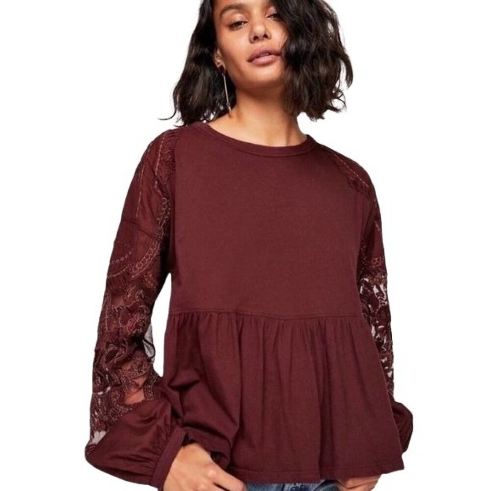 Free People Womens Burgundy Sheer Embroidered Balloon Sleeves Top Size Small